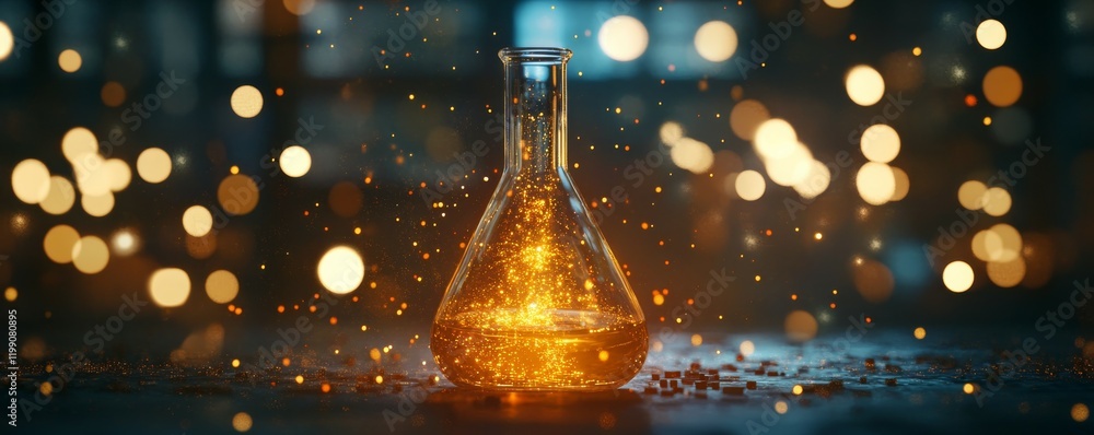Poster glowing chemical reaction in a laboratory flask with bokeh lights.