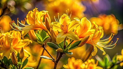 Fototapeta premium Backlit yellow azalea: a honeysuckle-like rhododendron silhouette, close-up detail.