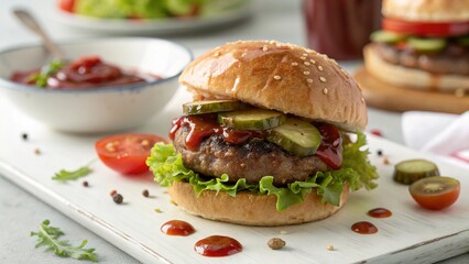 Close-up home-made beef burger on white table.