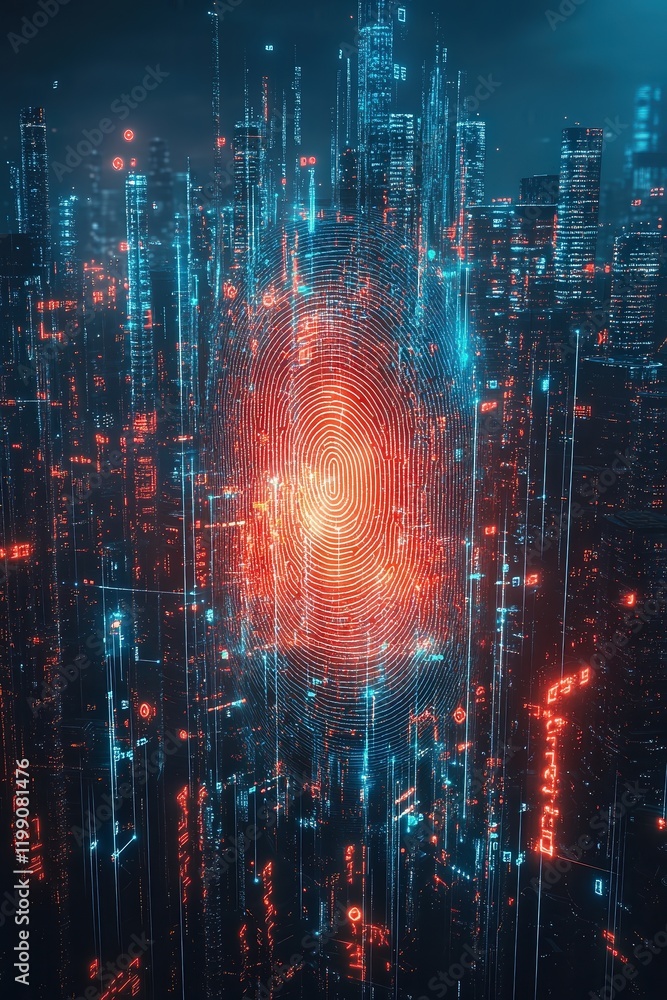 Wall mural abstract representation of a fingerprint highlighted by a glowing digital grid, symbolizing advanced