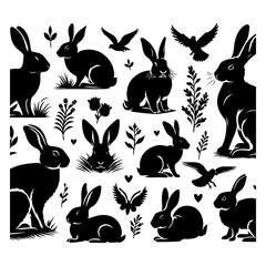 Vector silhouette of collection of rabbit on white background. Symbol of forest animal and hare © Parvin