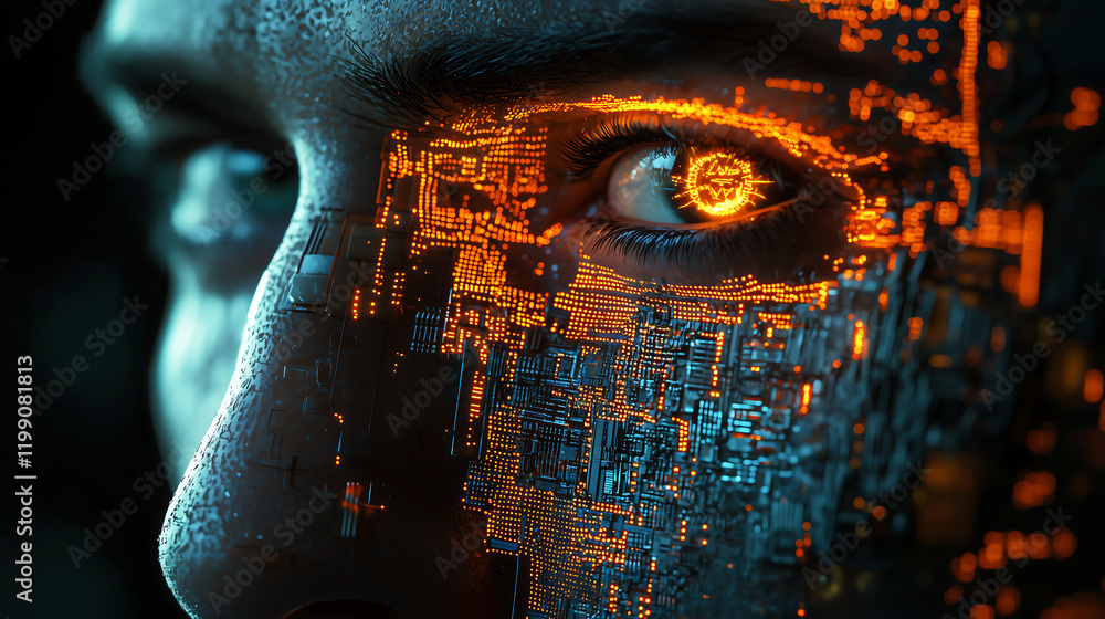 Aufkleber cybernetic human face with glowing circuitry and an illuminated eye showcasing the fusion of technol