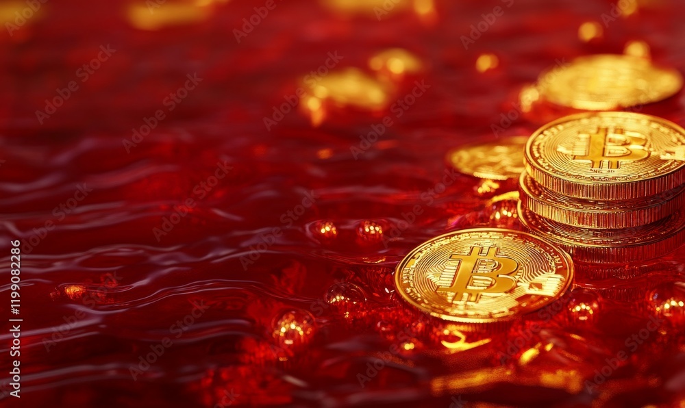 Poster golden bitcoins stacked with red liquid and graphs, symbolizing value