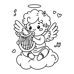 Charming Cupid vector illustration playing a harp. Perfect for Valentine's Day and coloring activities