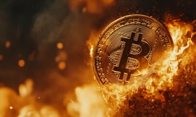 Golden coin with Bitcoin symbol engulfed in flames, symbolizing volatility