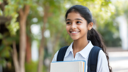 Fototapeta premium Indian teenage student girl holding textbook go to school library