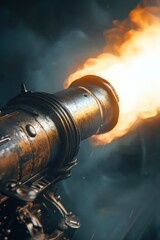 Fototapeta premium Close-up of a cannon firing, video game concept art.