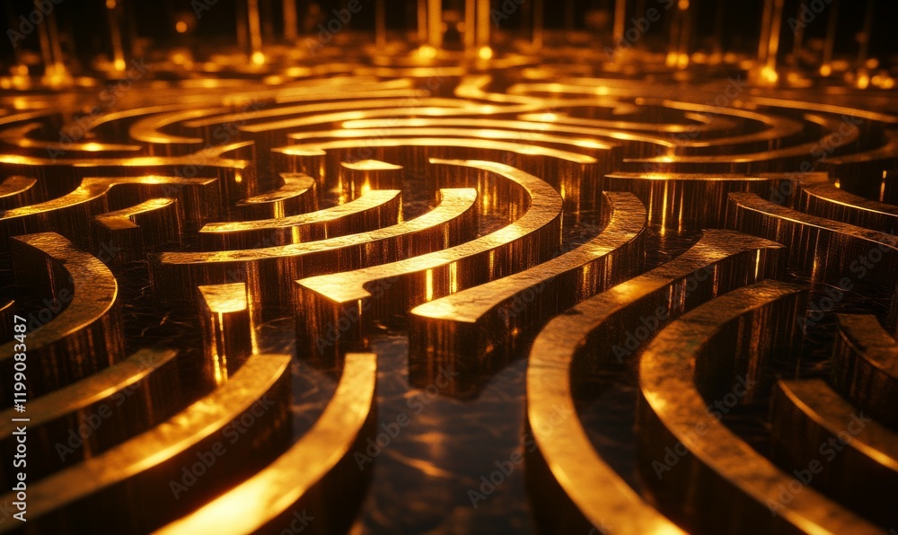 Poster golden labyrinth design with intricate paths and reflections