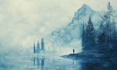 figure walking through foggy landscape symbolizes solitude and introspection. misty surroundings create serene yet mysterious atmosphere, inviting contemplation