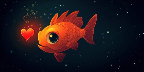 A cute anglerfish with a glowing heart on a dark background, a glowing red color scheme.