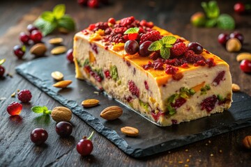 Creamy semifreddo, elegantly presented on a rustic stone backdrop.  A top-down view captures its delightful texture.