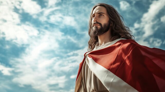 Resilient figure stands proud against a backdrop of vast skies, embodying strength and hope with flowing robes and a captivating expression