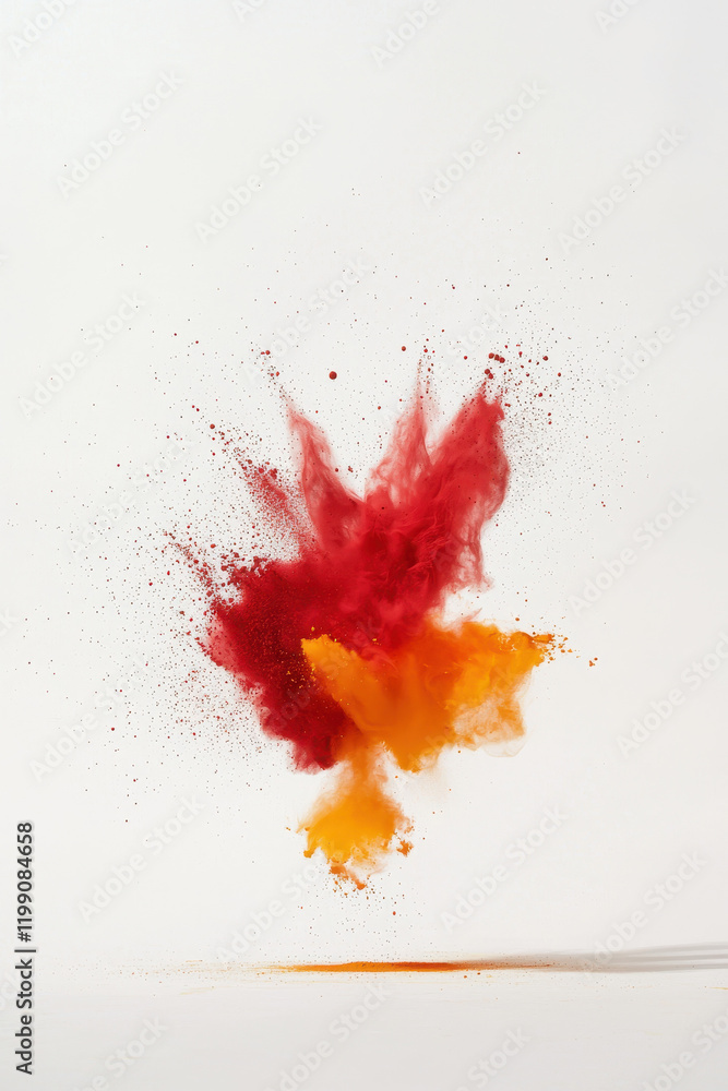 Poster dynamic burst of color: vivid explosion of red and orange paint powders creating a captivating visua