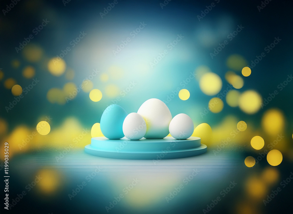 Poster three white and two pastel eggs rest on a teal platform against a bokeh background of yellow and tea