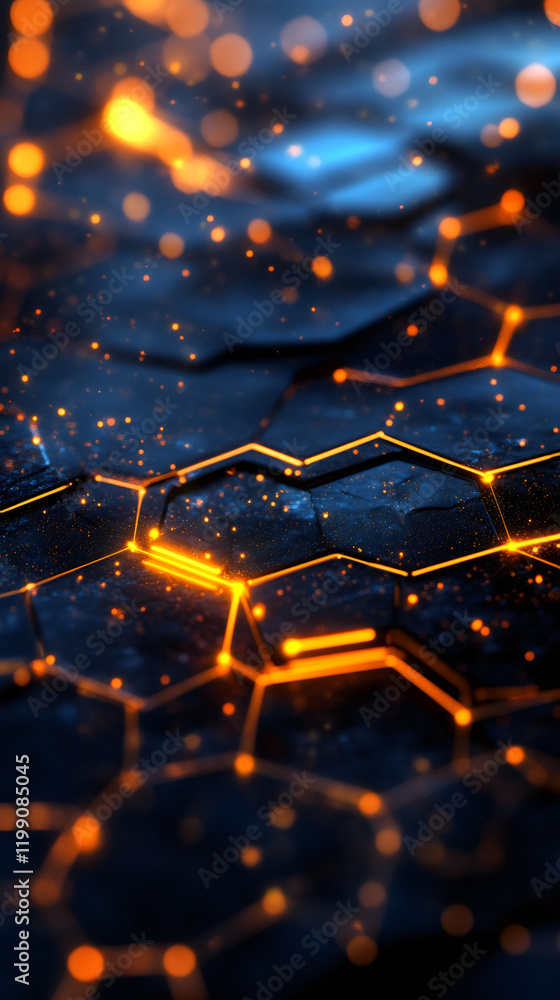 Poster orange hexagonal network covering dark surface with bokeh effect, creating a futuristic and technolo