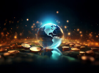 A glowing glass Earth rests on a bed of gold coins, surrounded by sparkling particles, suggesting global finance and prosperity.