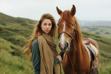 Obraz premium Young Caucasian woman with long blonde hair standing beside brown horse in green hills, wearing scarf and sweater, outdoor equestrian portrait in moody weather