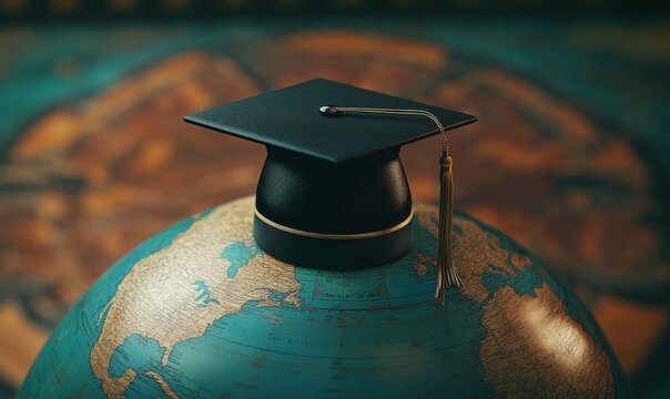 Graduated study abroad international Conceptual, Graduation hat on top Earth globe model map with Radar background. Congratulations to graduates, Studies lead to success in world wide. Back to School