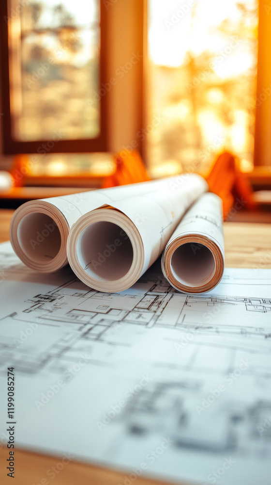 Poster Rolled blueprints are lying on unfolded blueprints on a wooden table with a window and warm sunlight in background