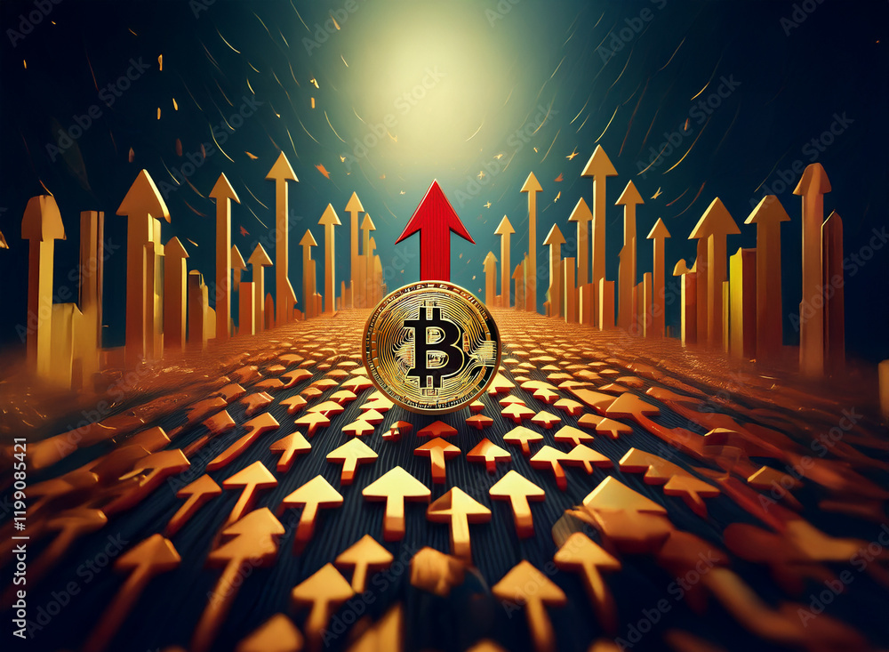 Poster a golden bitcoin sits at the center of a pathway of upward-pointing arrows, symbolizing cryptocurren