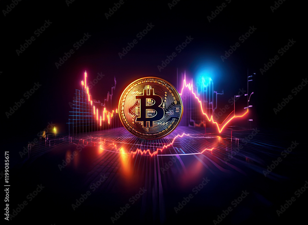Poster a glowing bitcoin coin rests on a dynamic graph depicting a sharp market decline, illuminated with v