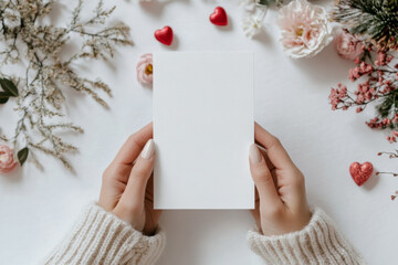 Obraz premium Holding a blank card among decorative flowers and hearts