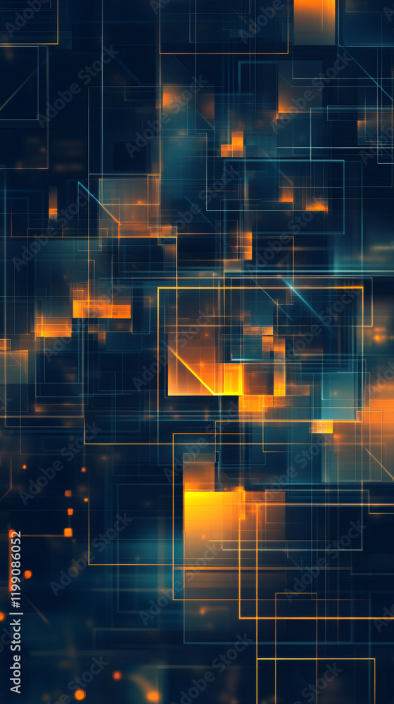 Poster Complex network of interconnected glowing squares creating a futuristic technological backdrop