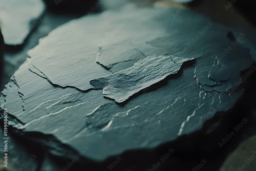 Poster close-up view of dark grey slate, showing texture and layers. ideal for backgrounds, textures, and d