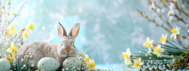 Fototapeta premium Easter bunny rests among colorful eggs and vibrant spring flowers
