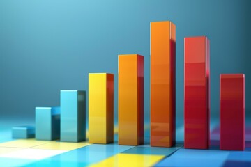 3d render illustration of growing bar chart with colorful bars on colorful surface and blue background representing business growth