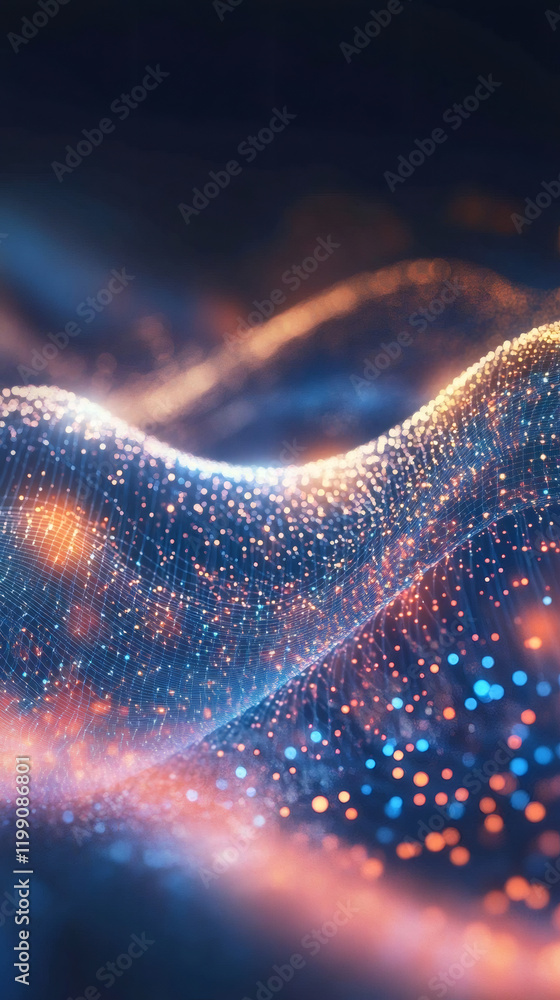Aufkleber Digital particles flowing and forming abstract wave in cyberspace, ideal for technology, science and communication related themes