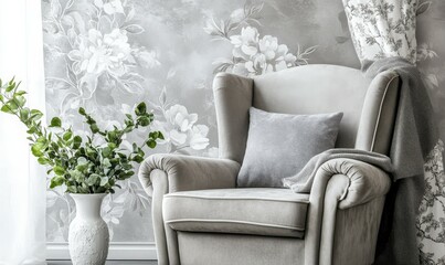 Grey Armchair with White Floral Wallpaper and Greenery in a Vase