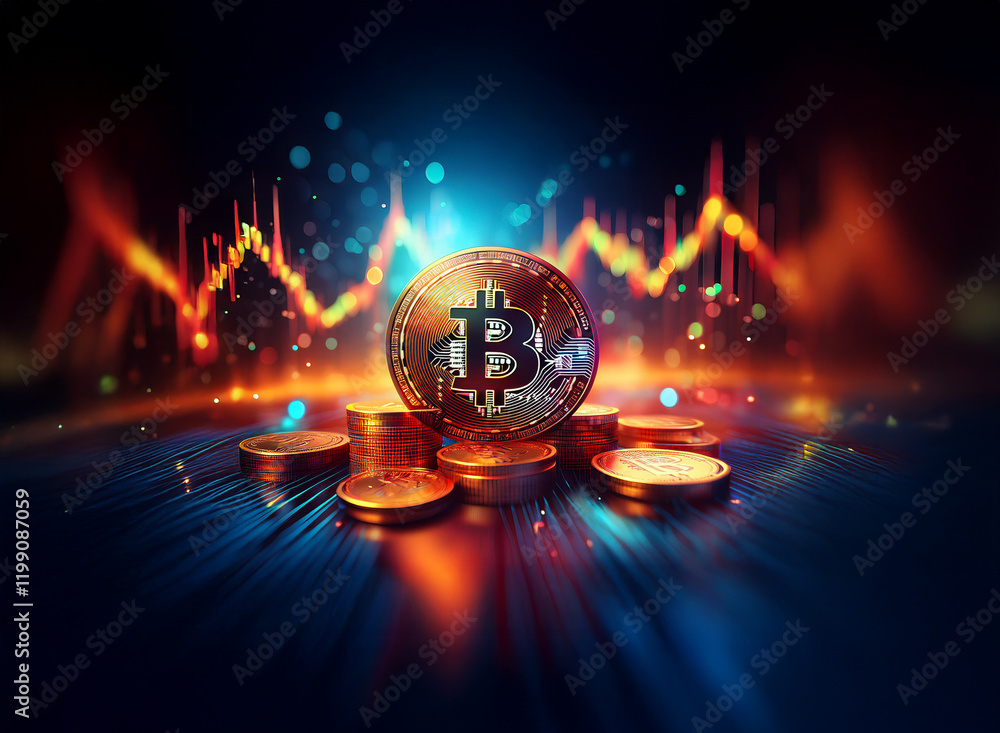 Poster glowing bitcoin coin rests atop a stack of coins against a backdrop of dynamic, colorful price chart