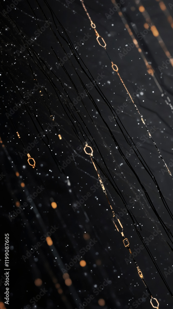 Poster golden chains dangle against a dark, textured backdrop, interspersed with shimmering particles, crea