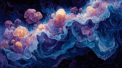 Obraz premium surreal cosmic landscape with organic coral-like forms and vibrant colors in an oil painting