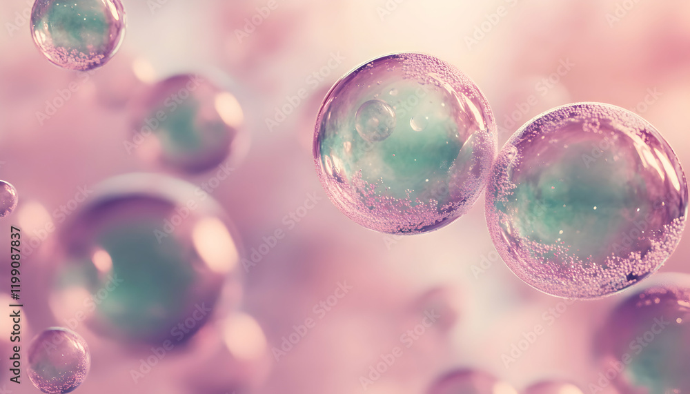 Poster abstract image of iridescent bubbles floating against a soft pink background, perfect for design pro