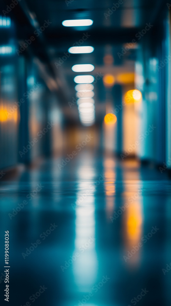 Fototapete Blurred lights are reflecting on the shiny floor of an empty corridor creating an abstract and evocative image