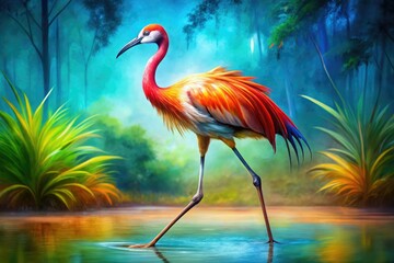 Fototapeta premium Elegant watercolor bird painting, showcasing graceful long legs and neck. A fine art print of exquisite avian beauty.