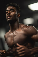Fototapeta premium Embodying Strength and Determination: Captivating Portrait of a Focused Athlete in Intense Workout Session at Modern Gym