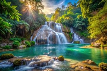 El Pimpano's cascading water plunges through lush greenery, a stunning high-resolution image with deep depth of field.
