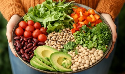 Healthy vegetarian dinner. Woman in jeans and warm sweater holding bowl with fresh salad, avocado, grains, beans, roasted vegetables, close-up. Superfood, clean eating, vegan, dieting food