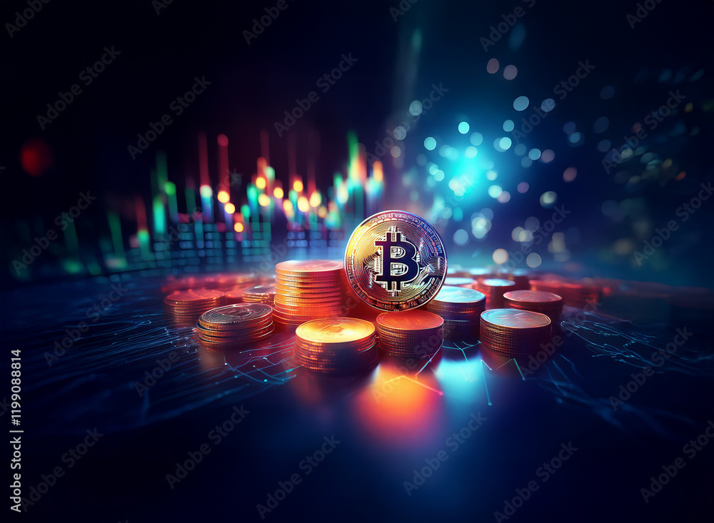 Poster a glowing bitcoin rests atop a stack of coins, set against a dynamic backdrop of vibrant financial c