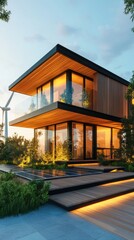 Modern eco friendly home designed with solar panels and wind turbines in a sustainable landscape
