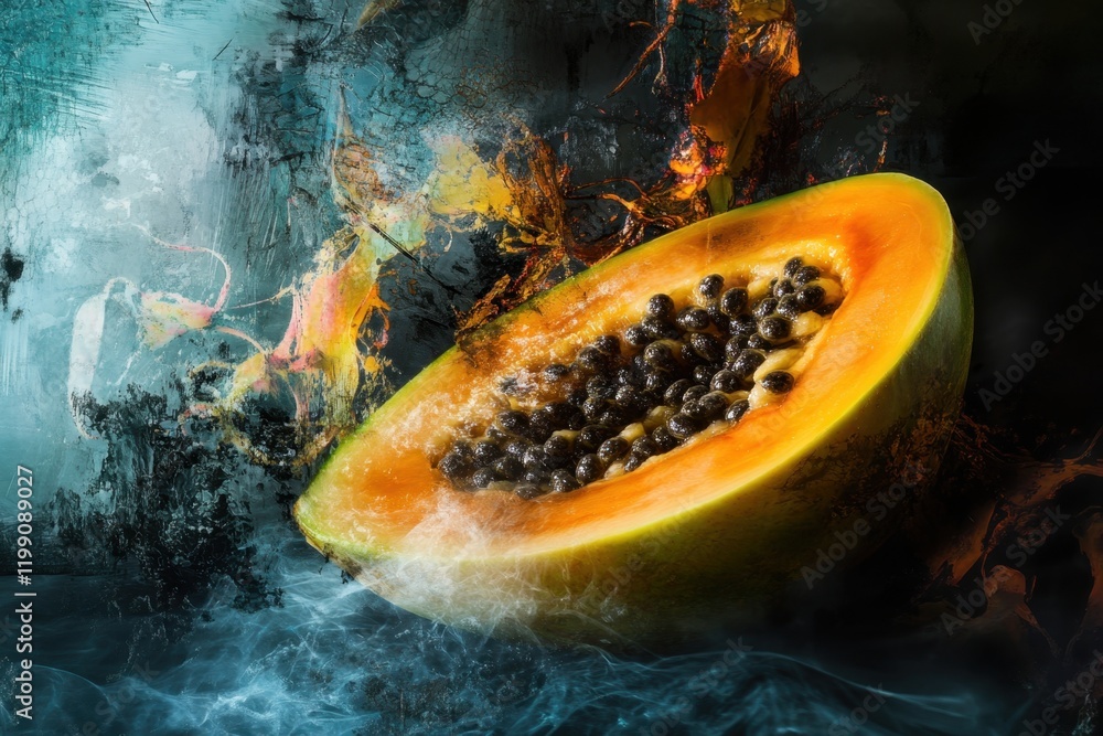 Poster vibrant papaya halves surrounded by splashes of color and texture in an artistic setting