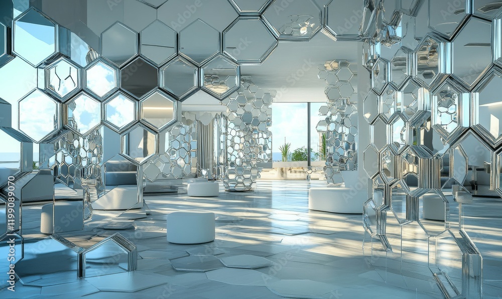Poster hexagonal mirrors creating a 3d effect in a luxurious interior, hexagonal patterns, reflective surfa
