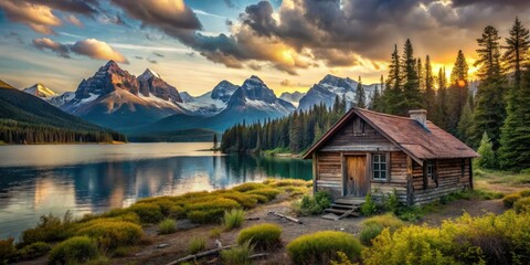 Fototapeta premium Explore Maligne Lake's abandoned cabin; stunning Canadian Rockies views await photographers.