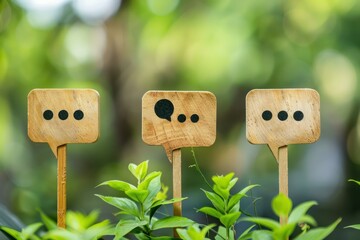 Wooden speech bubbles with question and suspension points emerging from lush green foliage, conveying a message of environmental communication