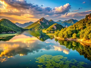 Fototapeta premium Explore Skadar Lake's breathtaking beauty: stunning bokeh photography captures Balkan nature's scenic charm.