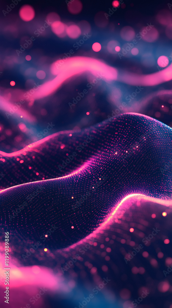 Poster abstract pink and blue digital particles wave is flowing in cyberspace, with a futuristic bokeh effe