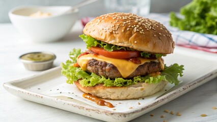 Close-up home-made beef burger on white table.